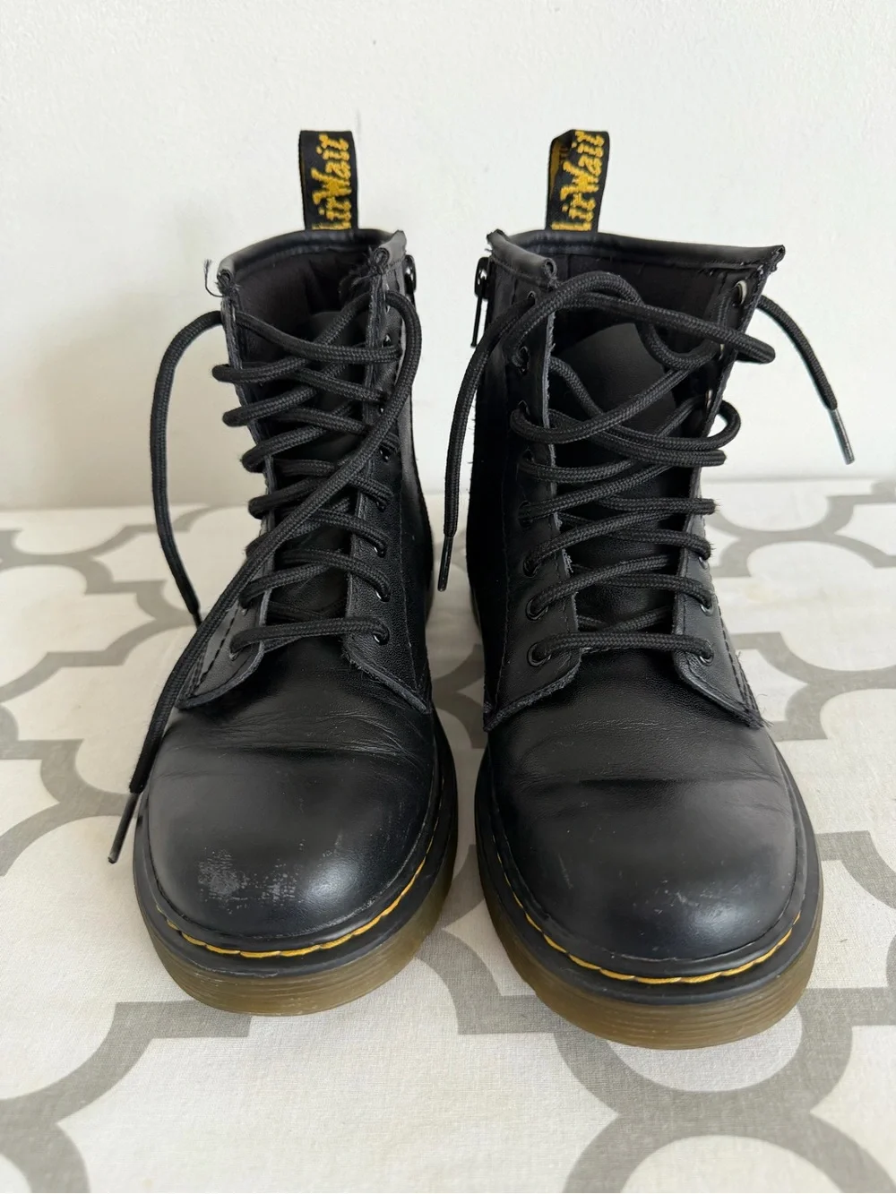 Dr. Martens Black Leather Lace-Up Combat Boots with Yellow Stitching